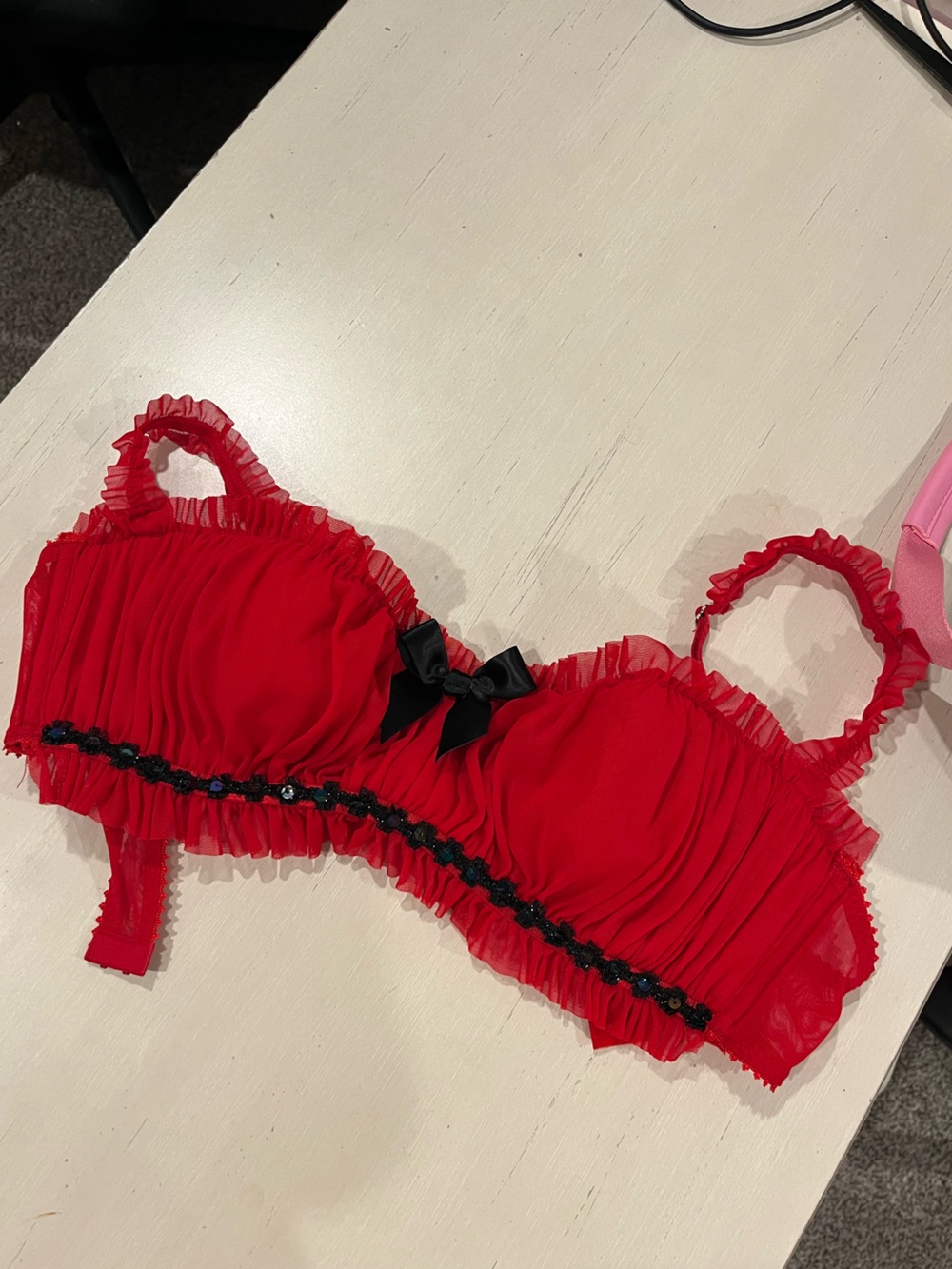 Red Ruffled Bra with Black Trim - Women Intimates